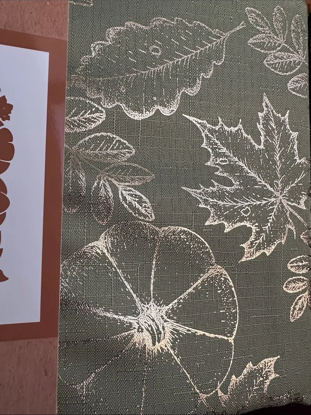 Metallic Leaf Print Fall Tablecloth Green/Gold Floral Accents - Home Dining